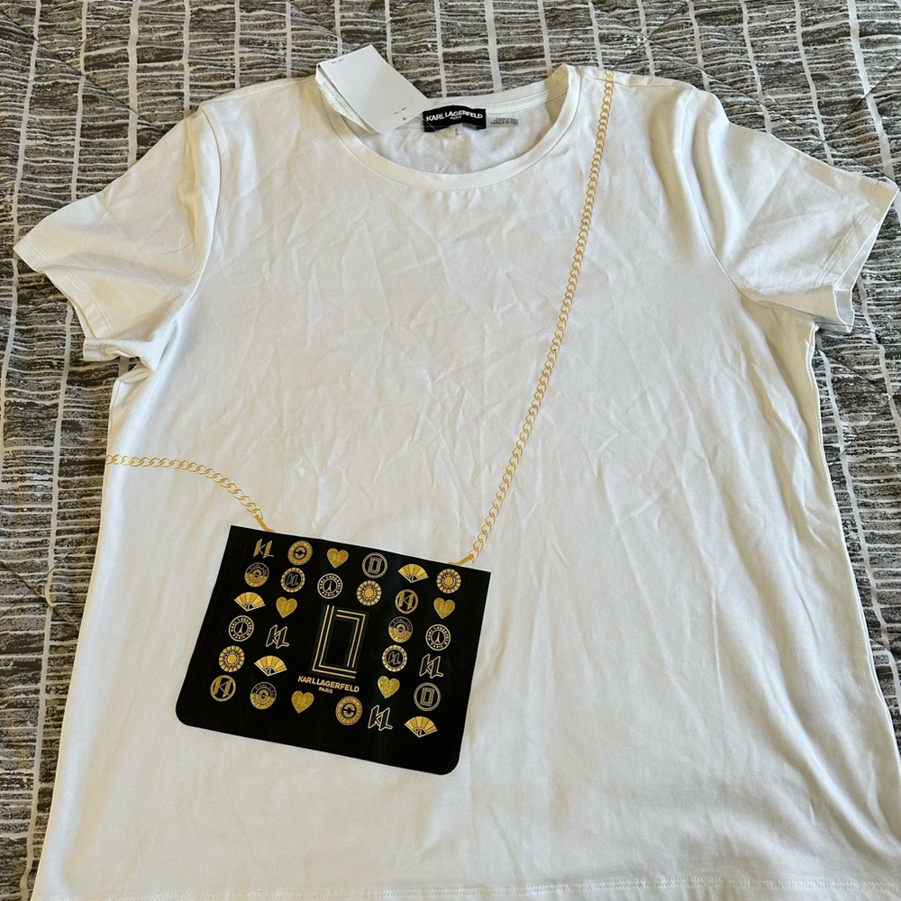 Karl Lagerfeld White T-Shirt with Black and Gold Graphic